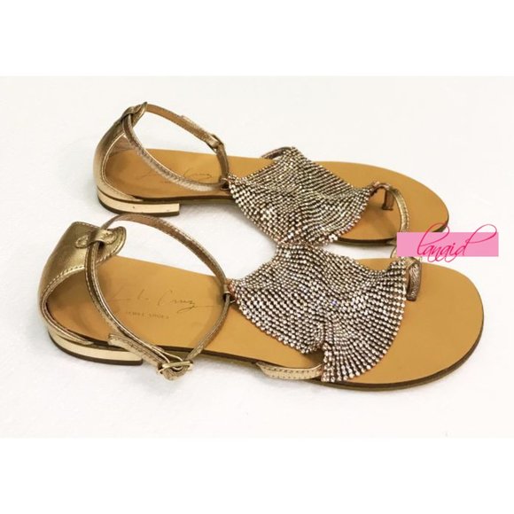Lola Cruz Luanda Sandals Leather Copper Crystals Iridescent Holographic Sparkly - Picture 5 of 9